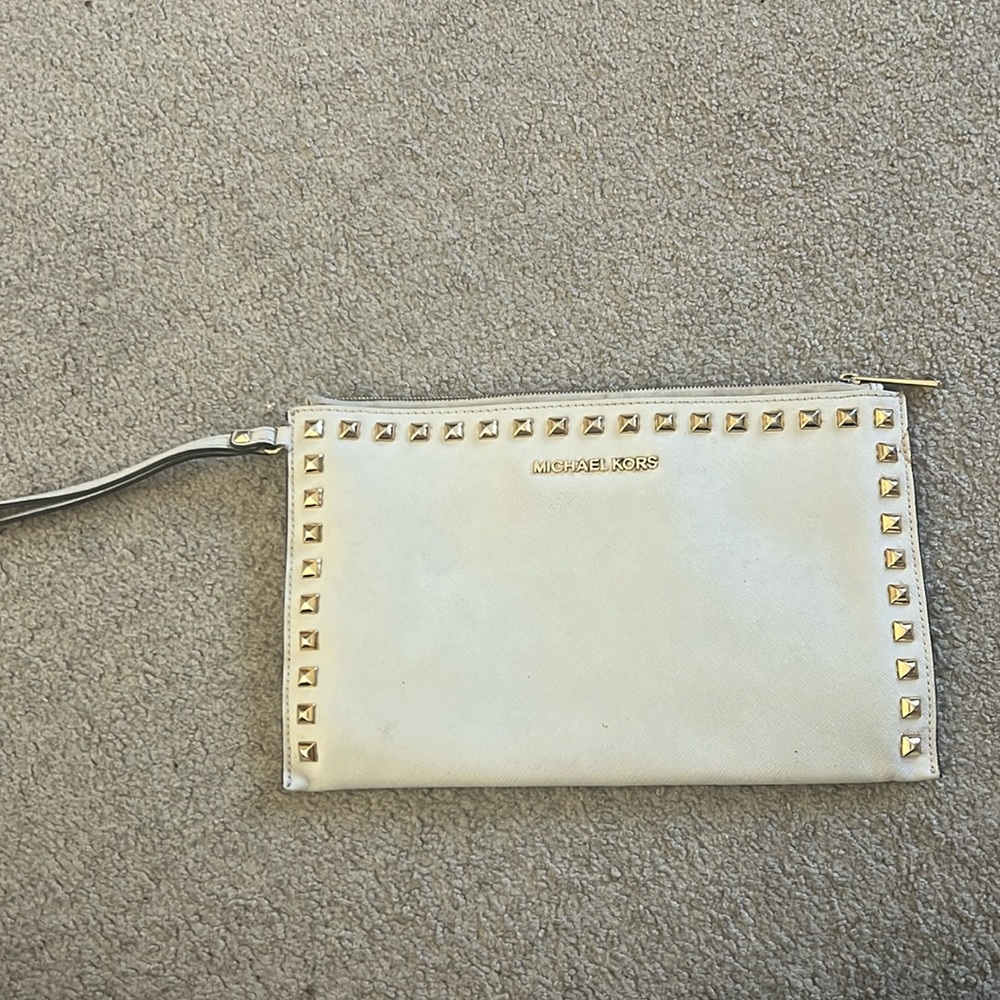 Michael Kors Gold Studded Ivory Beige Cream Large Wristlet Wallet
